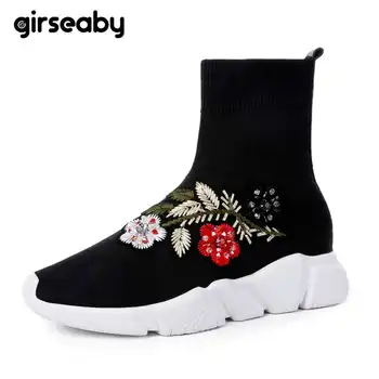 

Girseaby NEW Embroidered flower sneakers knitting Winter Woman Shoes Ankle flat Boots Female Platform rhinestone slip on Black