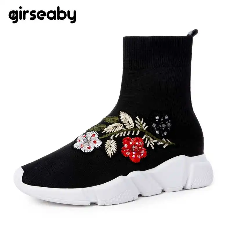 Girseaby/Новые цветочные кроссовки с вышивкой; вязаная зимняя женская обувь; ботильоны на плоской подошве; Женские Черные слипоны на платформе ... Girseaby/Новые цветочные кроссовки с вышивкой; вязаная зимняя женская обувь; ботильоны на плоской подошве; Женские Черные слипоны на платформе ...