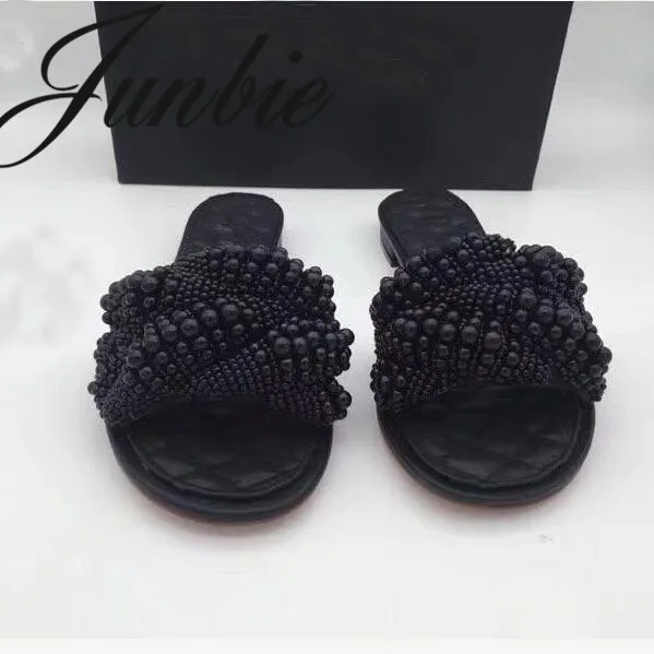 

JUNBIE New Genuine Leather Pearl Beading Slip On Summer Slippers Open Toe Flats Beach Slippers Outdoor