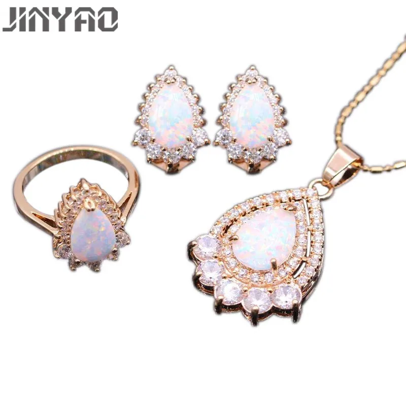

JINYAO Party Jewellery Set Fashion Women Champagne Gold Color White Fire Opal Zircon Pendants Earrings Ring Jewelry Sets