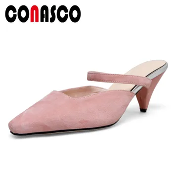 

CONASCO Elegant Women High Heeled Summer Pumps Fashion Pointed Toe Mules Shoes Woman Party Prom Sandals Genuine Leather Shoes