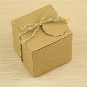 

100pcs/lot Solid Color No Pattern Yellow White Kraft Paper Cube Candy Box With Hemp Rope Guest Adorable Return Gifts for Wedding
