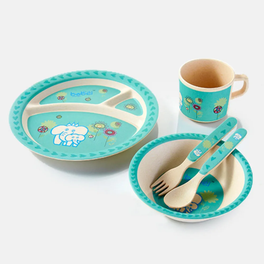 5Pcs Kids Tableware Set Bamboo Fiber Infant Oval Plate+Bowl+Cup+Spoon