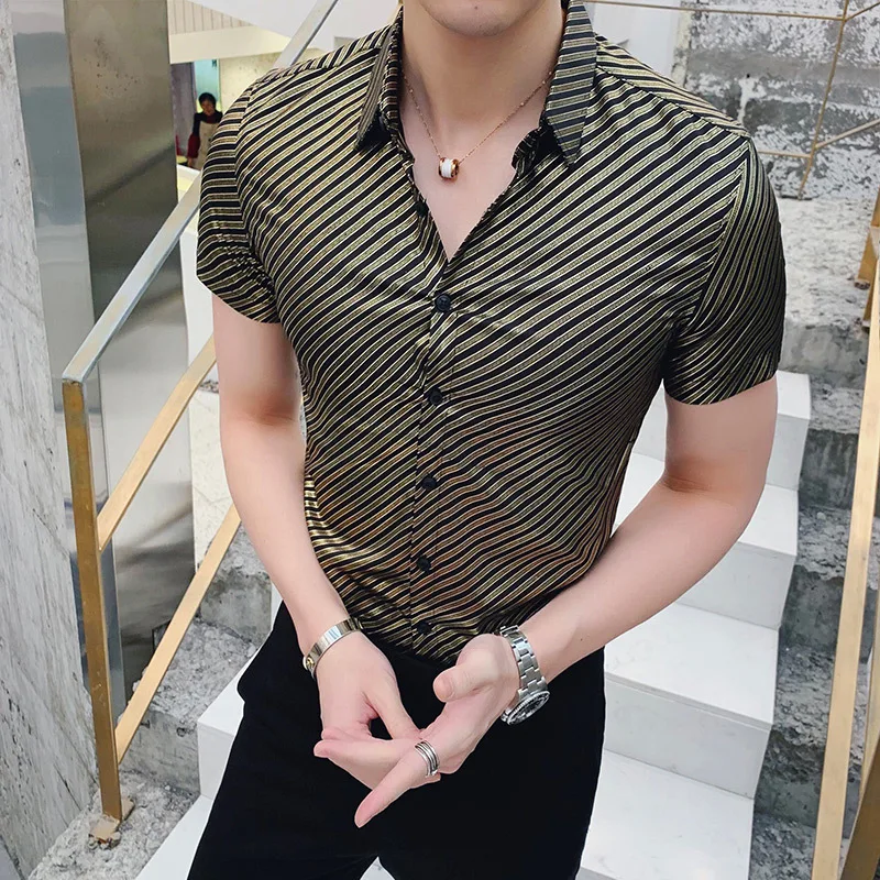 Повседневная полосатая деловая рабочая рубашка с принтом мужская летняя новая мужская рубашка с коротким рукавом брендовая мужская одежда Slim Fit Chemise Homme - Цвет: Golden