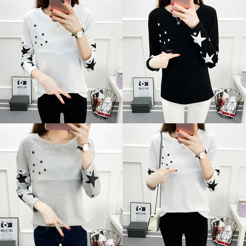 

19 new spring and autumn cotton breastfeeding clothes Korean fashion five-pointed star print wild feeding shirt T-shirt Slim fit