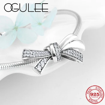 

925 Sterling Silver Fine Sparking Crystal CZ Gorgeous bow tie Charms beads Fit Original European Charm Bracelets for Women Girl