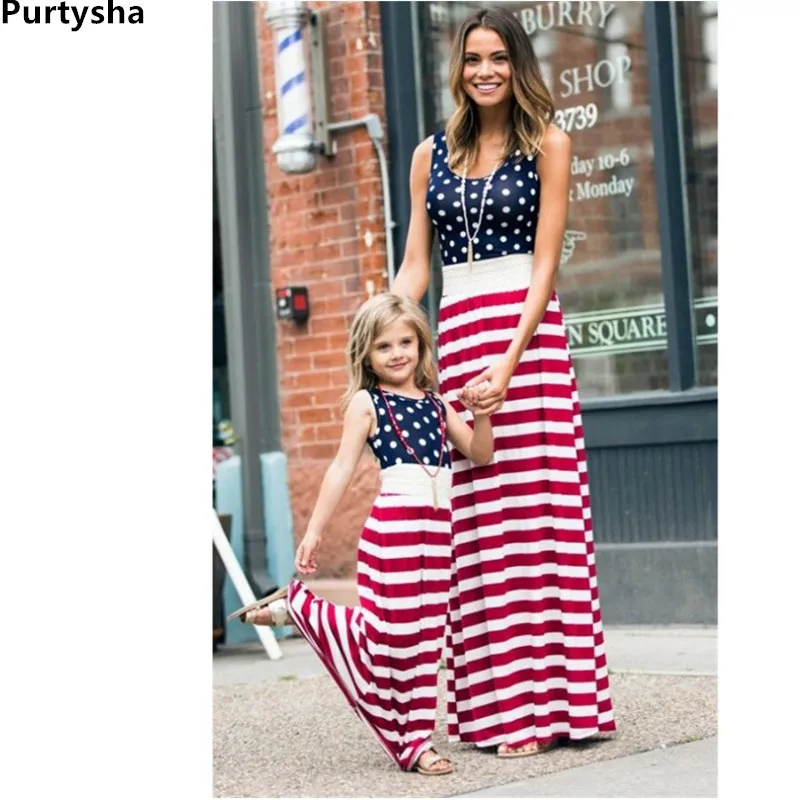 

Mother Daughter Dresses Polka Dot Vest Stripe Long Dress Mommy And Me Clothes Big Sister Little Sister Family Matching Outfits
