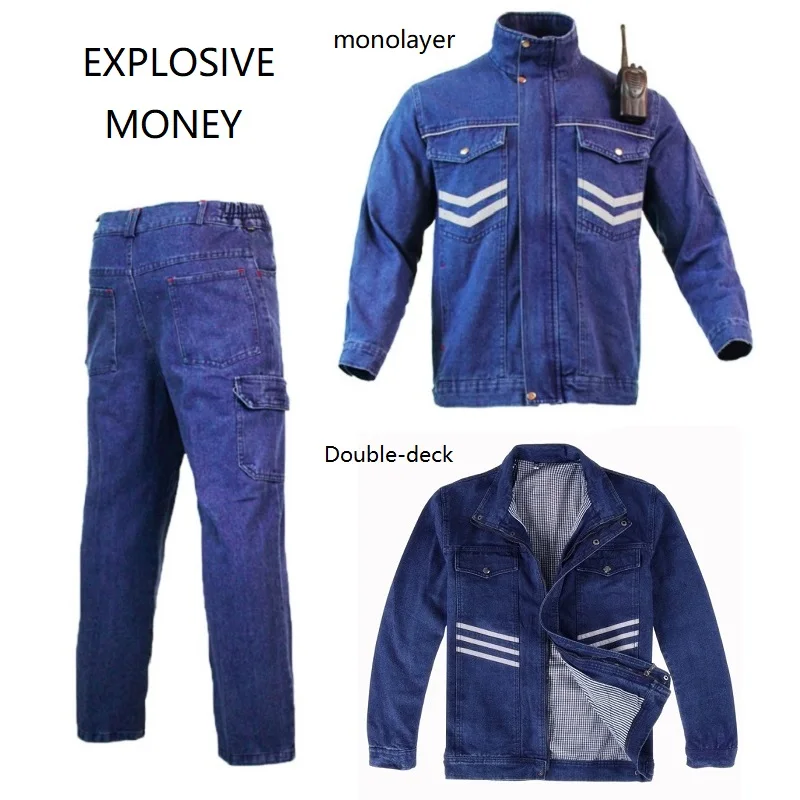 

Factory Motorcycle Car Repair Welding Reflective Stripe Uniforms Workwear Suits Men Work Clothing Sets Denim Jackets+Pants