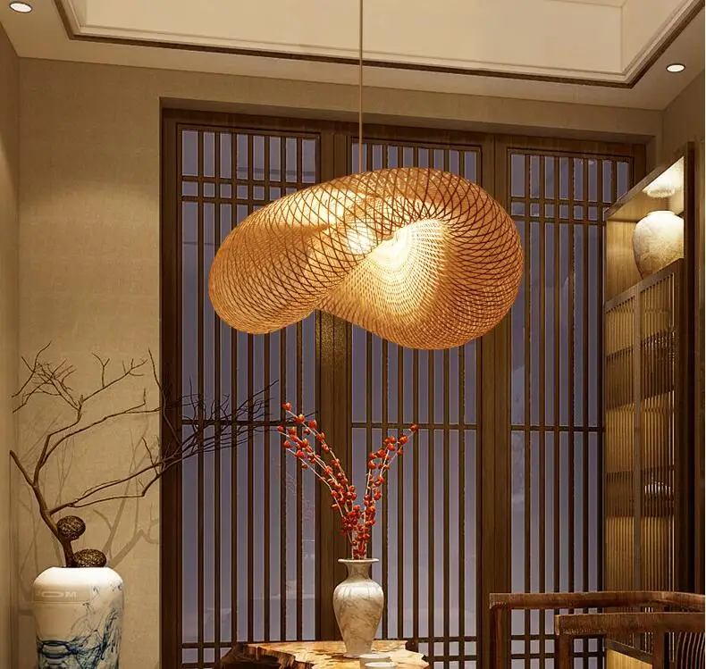 Бамбук плетеная из ротанга волна тени подвесной светильник деревенский Винтаж японский лампа Подвеска домашние обеденный стол