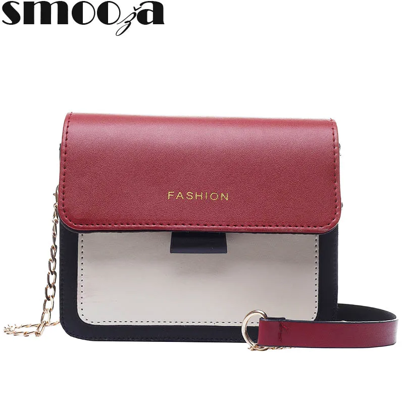 

SMOOZA Contrast color Leather Crossbody Bags For Women 2019 Handbag Fashion Simple Shoulder Messenger Bag Ladies bags