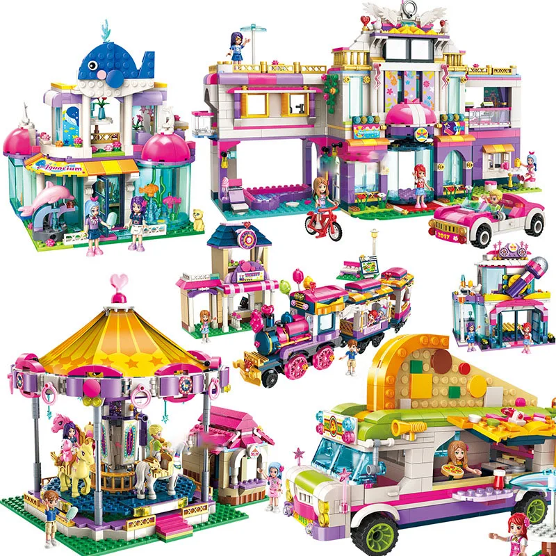 

Girls Princess series Carousel Cruise Train Holiday Villa Blue Whale Aquarium building block Toy For Children Christmas gift