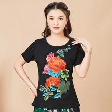 KYQIAO для женщин среднего возраста летние этнические L-5XL короткий рукав черно-белая Цветочная футболка традиционная китайская одежда