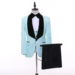 Мужской приталенный костюм небесно-голубого цвета с рисунком, комплект из трех предметов (куртка + штаны + жилет), деловой повседневный