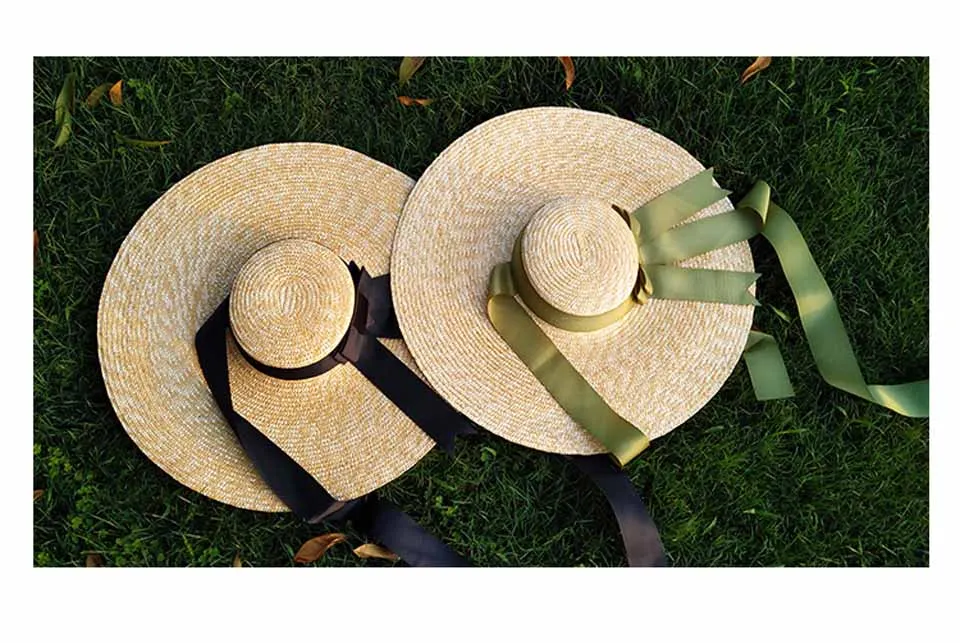 Natural Wheat Straw Hat Ribbon Tie 15CM/18CM Brim Boater Hat Elegant Beach Sun Hat Cap Lady Summer Wide Brim UV Protect Hats