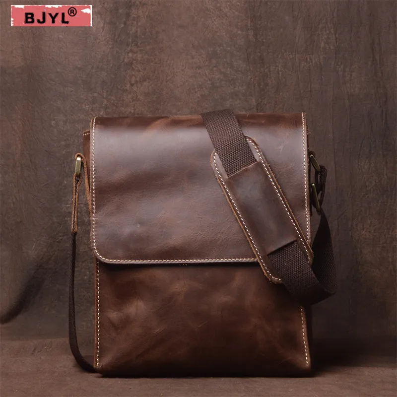 

BJYL Men's Shoulder Bag Genuine Leather Vertical Crossbody Bag male Retro Handmade Crazy Horse Leather Leisure Art messenger Bag