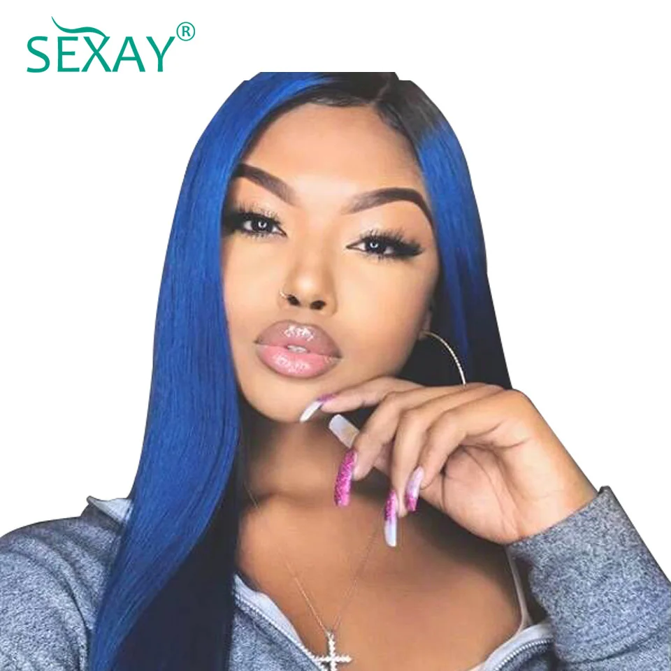 

Sexay Pre-Colored 2 Tone Blue Peruvian Straight Hair Ombre 3 Bundle Deals New T1B/Blue Dark Roots Human Hair Extensions Weave