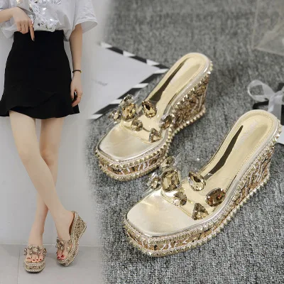 European and American elegant wedges sandals and slippers rhinestone sequins high-heel slippers fashion sweet womens flip flop - Color: Gold