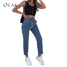 Oeak/, весенне-осенние женские джинсы больших размеров с высокой талией, облегающие джинсовые брюки с поясом, женские повседневные брюки
