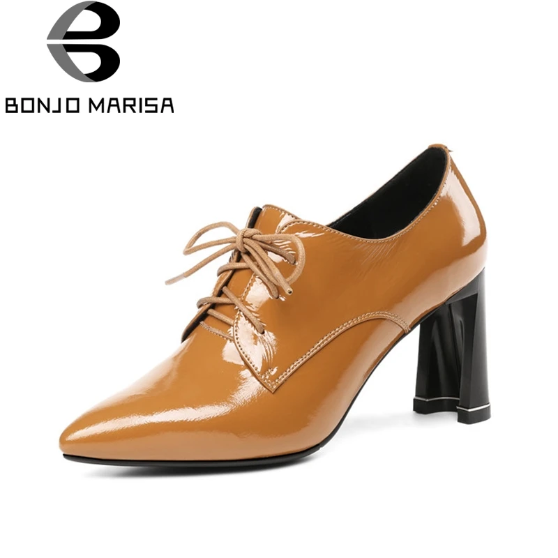 

BONJOMARISA Brand New Big Size 33-43 Cow Patent Genuine Leather Woman Pumps Pointed Toe Office High Heels Ladies Shoes