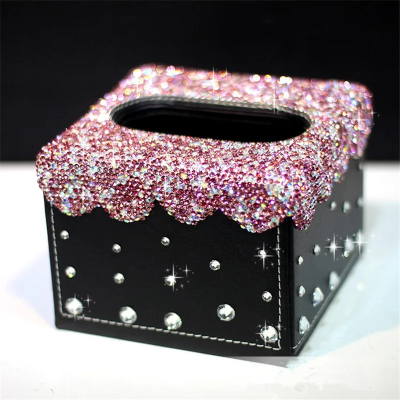 

Luxury Crystal Paste Mini Square Style Car Tissue Boxes Block Leather Type Home Office Diamond Paper Towel Cover Case for Women