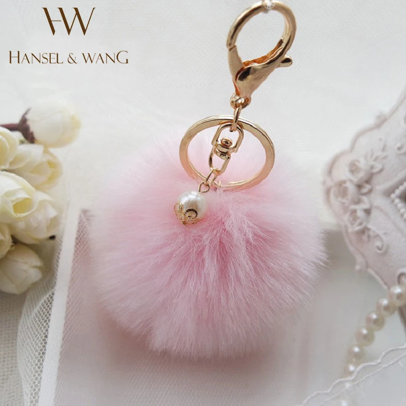 Hansel & Wang Simulation Rabbit Fur Ball Pompom Keychain Fur Pom Pom Keychain Car Bag Charm Key Chain Key Holder Keychains QC07