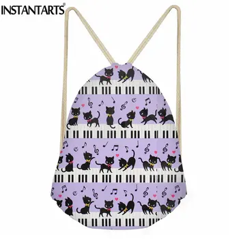 

INSTANTARTS Cartoon Cat with Music Note Printing Drawstring Bag for Women Men Casual Small Travel Sack Backpack Girls Boys Cinch