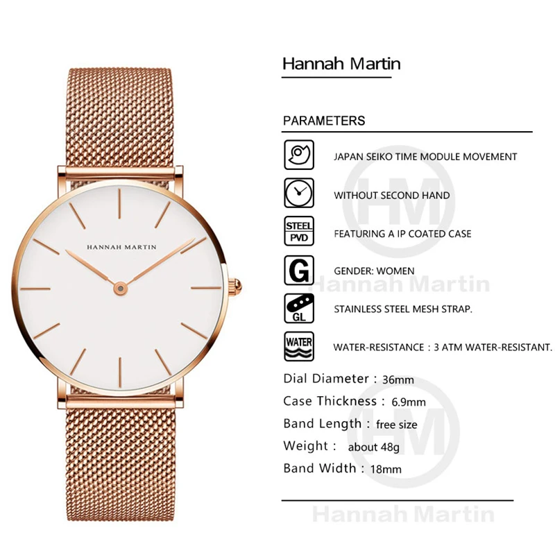 Hannah Martin, модные кварцевые женские часы, розовые, черные, водонепроницаемые, Montre Femme,, стальной браслет, женские часы, часы для женщин