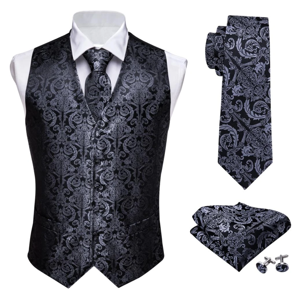 blazer for men wedding Designer Mens Classic Black Paisley Jacquard Folral Silk Waistcoat Vests Handkerchief Tie Vest Suit Pocket Square Set Barry.Wang casual blazer