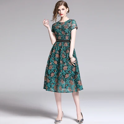 Vintage Embroidery Flowers Lace Runway Dress New Summer Women Hollow Out Elegant Long Midi Party Dress