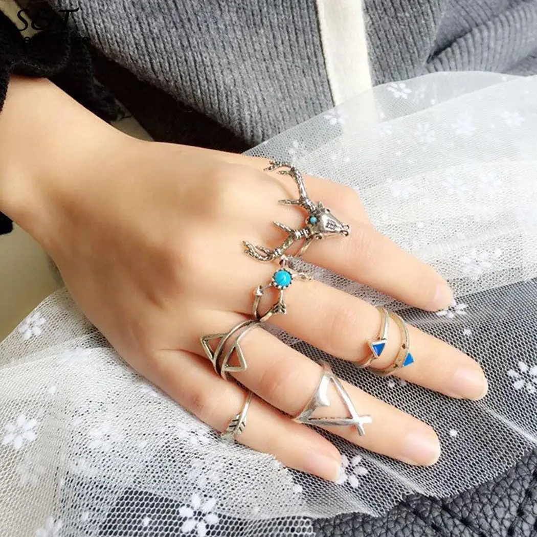 

FANALA Rings Set for Women 7 pc/set Vintage Boho Knuckle Party Rings Punk Gift for Girl Geometric Sheep Carving Knuckle Rings