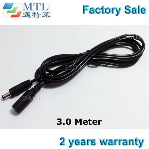 DC extension cable wire 3 meters long, 25 pcs/lot, black 22 awg wire, 5.5/2.1 male to female