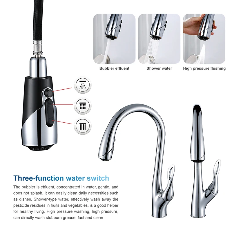 OLMEY Contemporary Three Ways Swan Gooseneck Kitchen Mixer, Luxury Home Pull Out Spray Kitchen Faucet Sink Water Tap