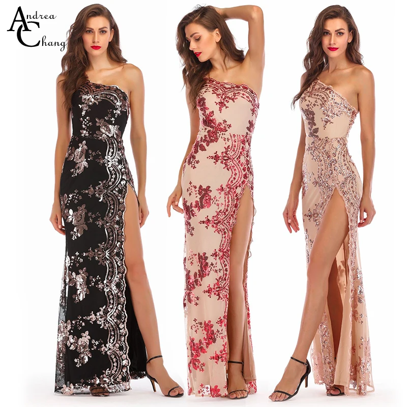 

woman prom dress golden red floral pattern beading black beige khaki dress gown one shoulder floor length luxury event dress
