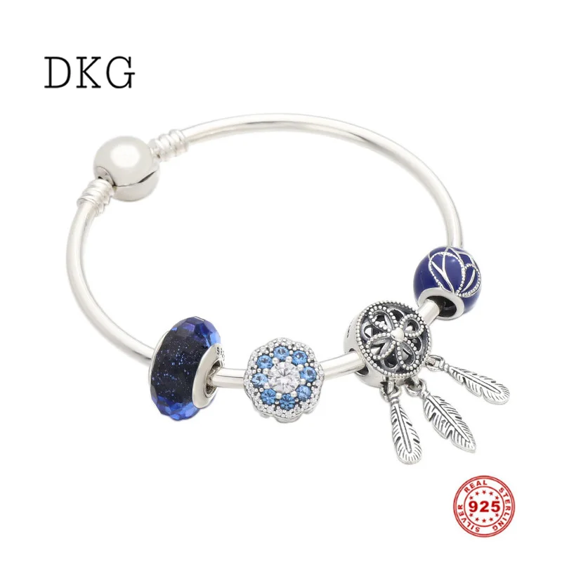 

2109 New 925 Sterling Silver Blue Butterfly Wing Spark Flower Dreamcatcher Charm Set Bracelet Fit Women Original DIY Jewelry