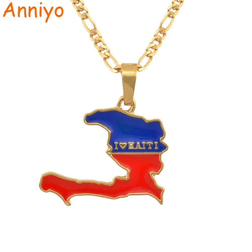 Anniyo (More Map Design Go To My Store) I LOVE HAITI Map Flag Necklace Pendants Ayiti Gold Color Jewelry Maps of Haiti #116006