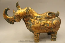 8″ Chinese Dynasty Palace Bronze Gild Rhinoceros Musso Rhino Statue Sculpture Zu R0715