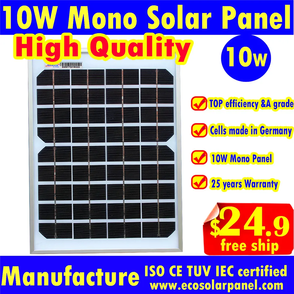 

10w Solar Panels power system 18V output to charge 12v battery used Mono solar cell 10watt 12V solar panels DIY solar light kit