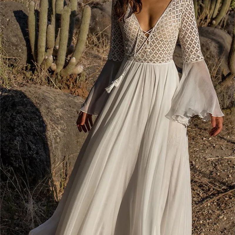 

Sexy Lace Up Deep V Neck 2019 Summer Beach Tunic Dress Flare Sleeve Lace Patchwork White Chiffon Maxi Dress Swimsuit Cover-Ups