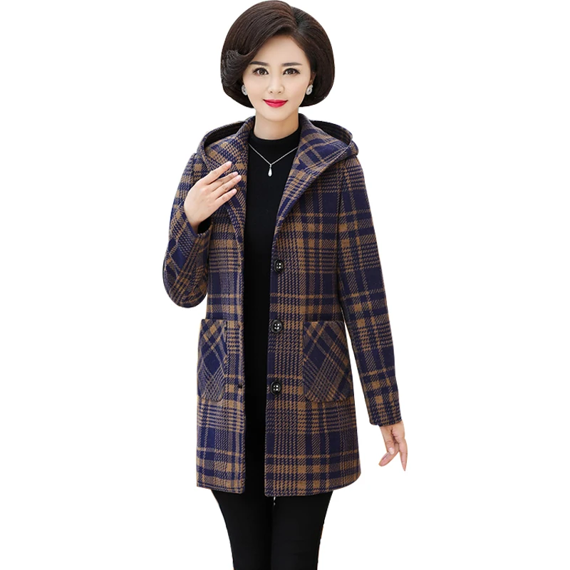 

Fashion Plus size Autumn Winter Plaid Woolen Coat Women Thicken Hooded Outerwear Middle aged Female Casual Jackets OKXGNZ G228