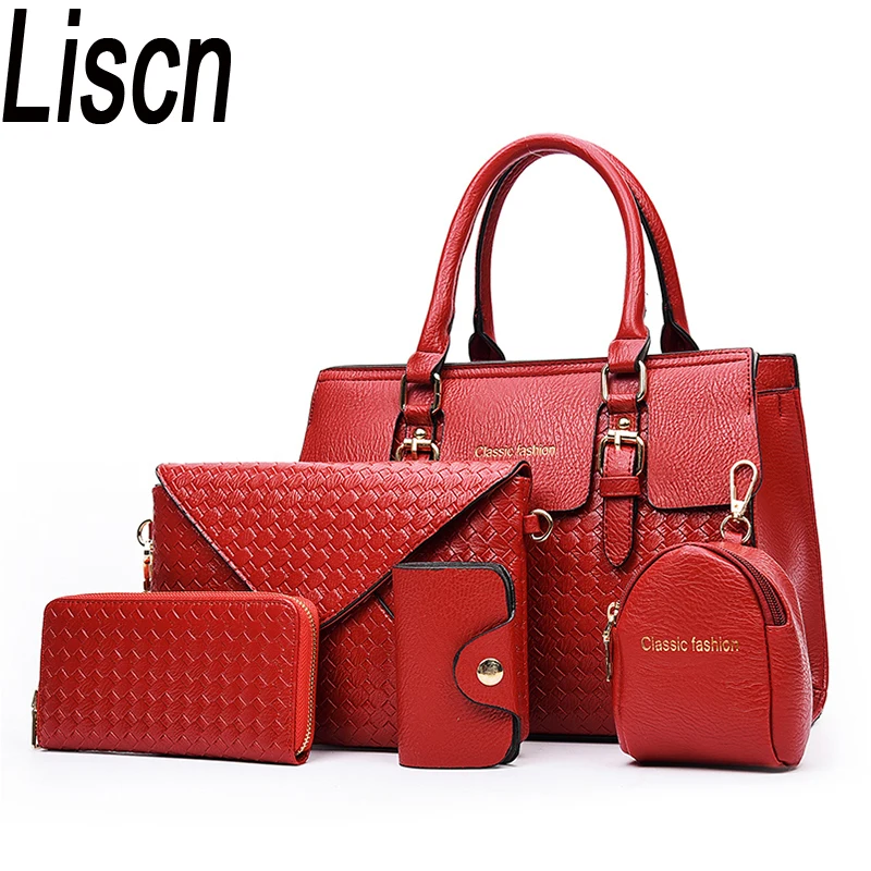 

LISCN Ladies fashion leather handbag 5PCS/ large capacity Messenger bag brand LISSE composite woven bag trend shoulder bag