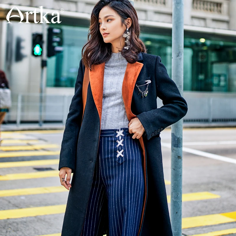 

ARTKA 2018 New City Series Lady Winter Turn-down Collar Contrast Color Full Sleeve Notched Medium Long Wool Coat Pockets JW17030