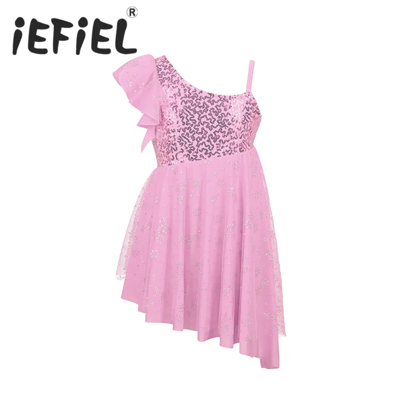 

Sequins Kids One-Shoulder Ballerina Fairy Prom Party Costume Flower Dress Girls Dance Wear Gymnastic Ballet Leotard Tutu Dress