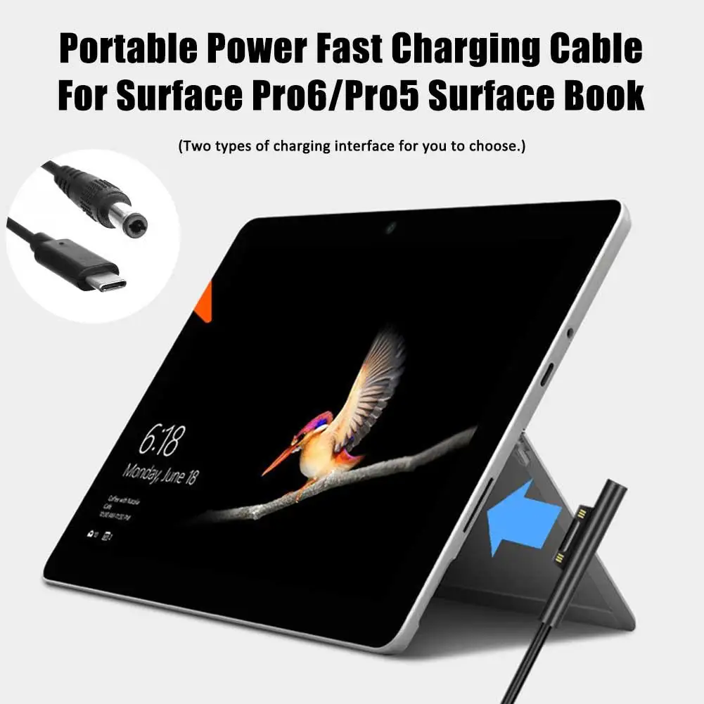 

12V 2.5A Portable Power Charge Cable Fast Charging Cable Adapter Charger for Microsoft Surface Pro6 Pro5 Pro4 Pro 3 Surface Book