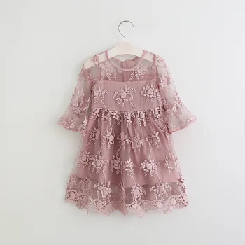

2018 Lace Pink Flower Dresses Flare Sleeve Embroidery Princess Dresses for Wedding Birthday 6pcs/lot White Formal Clothes