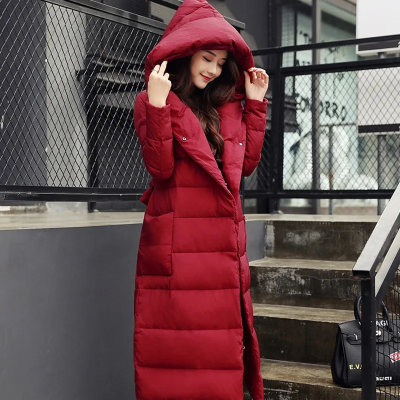 Высокое качество зимняя новая коллекция женское длинное пальто с капюшоном Женское зимнее теплое плотное длинное - Цвет: Красный