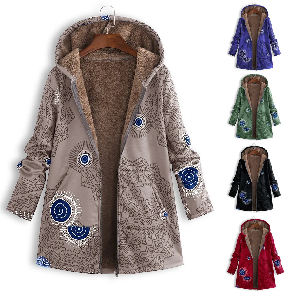 

Vintage Floral Printed Loose Coats 2019 Winter Hooded Fleece Jackets Women Zipper Long Sleeve Coat Outwear Female Plus Size N795
