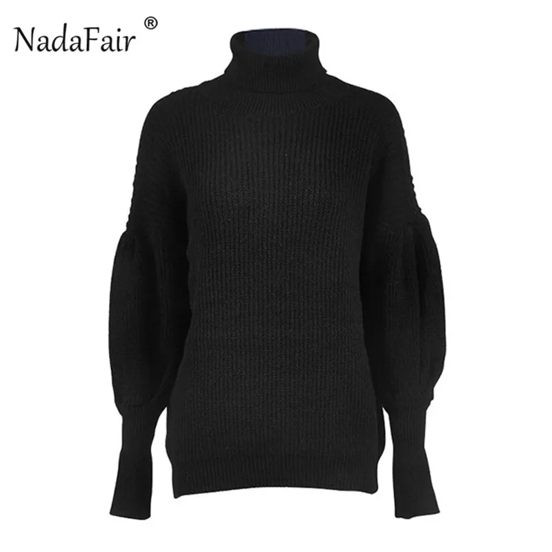 Nadafair, зимние водолазки, свитера, пуловеры для женщин, Осенние Свободные корейские плотные вязаные джемперы с рукавом-фонариком, женские топы