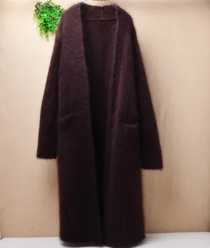 

elegant fashion top quality long thick mink cashmere cardigans long sleeve angora rabbit fur knitted sweater coat mantle jacket