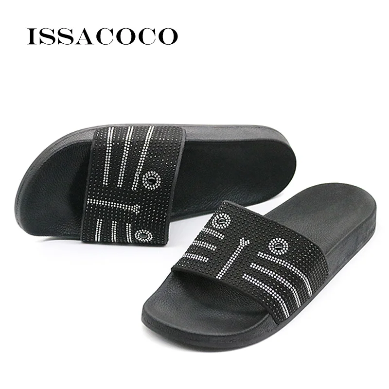 

ISSACOCO Women's Summer Rhinestone Crystal Slippers Ladies Cartoon Cat Flat Indoor Bling Slippers Beach Designer Shoes Pantufa