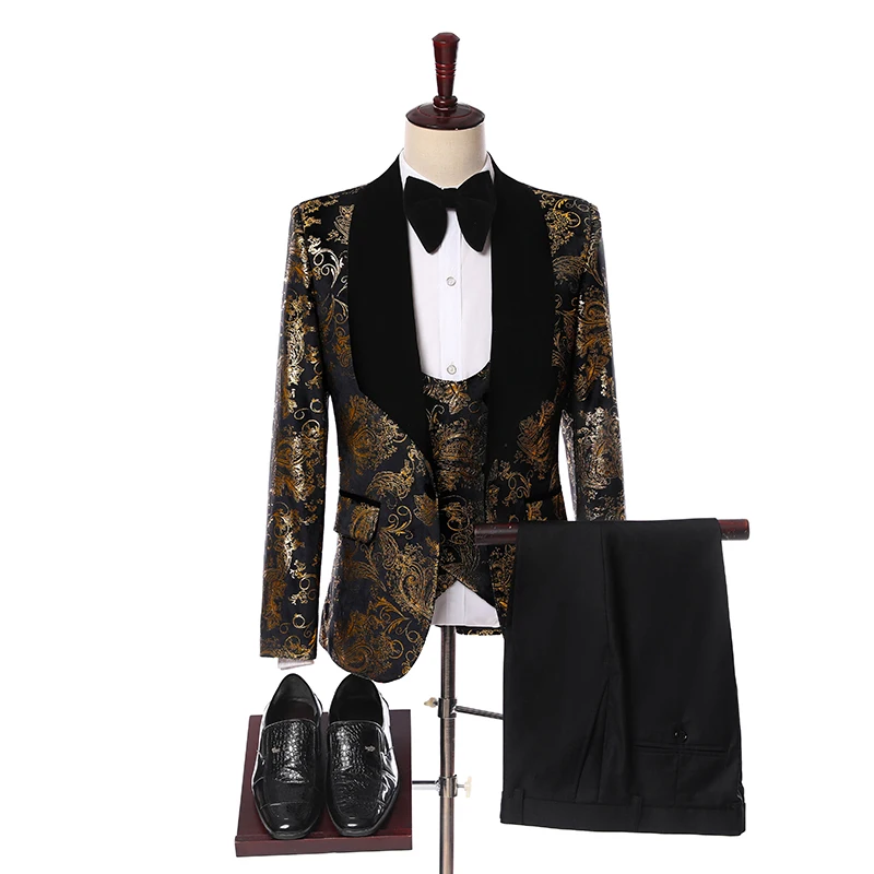 Свадебные Мужские костюмы дизайн джентльменские бархатные лацканы приталенные черные золотые вечерние смокинги для жениха костюм из 3 предметов